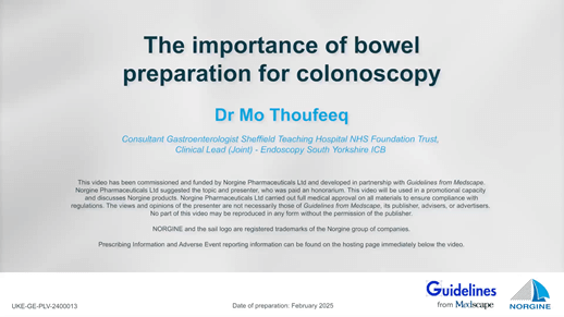 Slide with the text 'Why is it important to ensure high-quality cleansing in colonoscopy?' in bold, centered font on a light gray background. Logos for 'Guidelines from Medscape' and 'Norgine' appear in the bottom right corner.