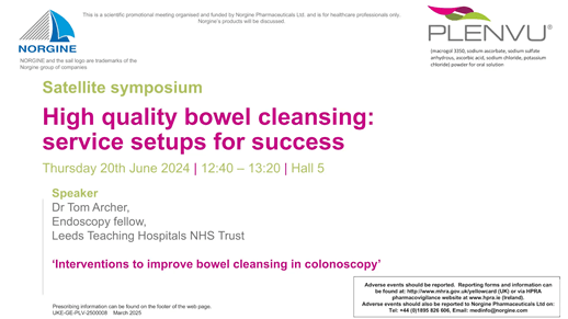 Slide with the text 'Timing of bowel preparation' in bold, left aligned font on a light gray background. Logos for 'Guidelines from Medscape' and 'Norgine' appear in the bottom right corner.