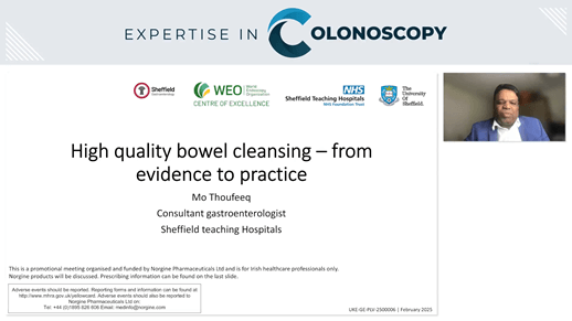 Slide with the text 'What are the key things to discuss with your patient during a pre-assessment discussion?' in bold, left aligned font on a light gray background. On the right hand side of the slide is an image of Karen Bishop. Logos for 'Guidelines from Medscape' and 'Norgine' appear in the bottom right corner.