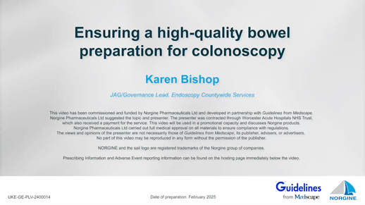 Slide with the text 'What are the key things to discuss with your patient during a pre-assessment discussion?' in bold, left aligned font on a light gray background. On the right hand side of the slide is an image of Karen Bishop. Logos for 'Guidelines from Medscape' and 'Norgine' appear in the bottom right corner.